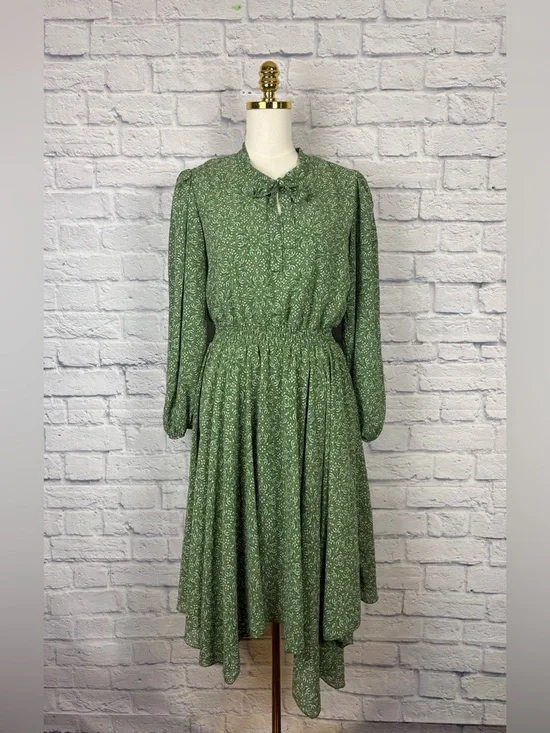 Lark + Grey green floral print midi dress handkerchief hem size L - Picture 2 of 7